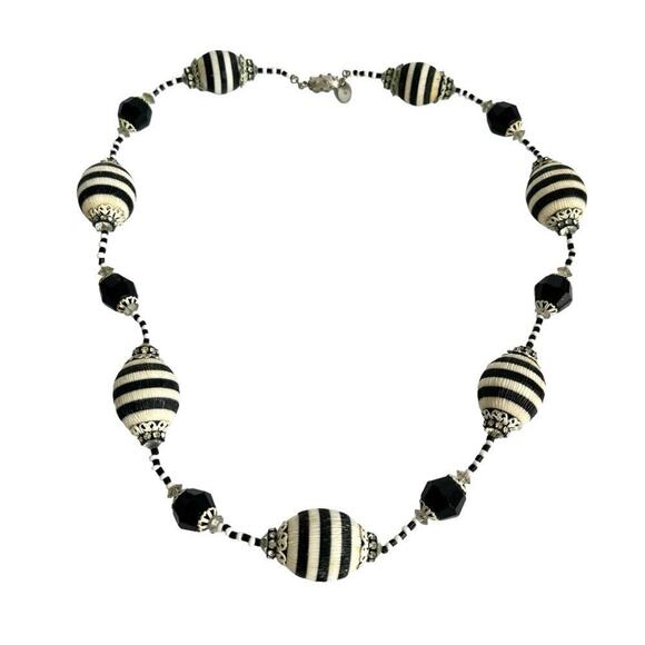 Vendome Necklace Vintage Black & White Stripe Bead Beaded Retro Mod 60s Signed - Picture 1 of 13